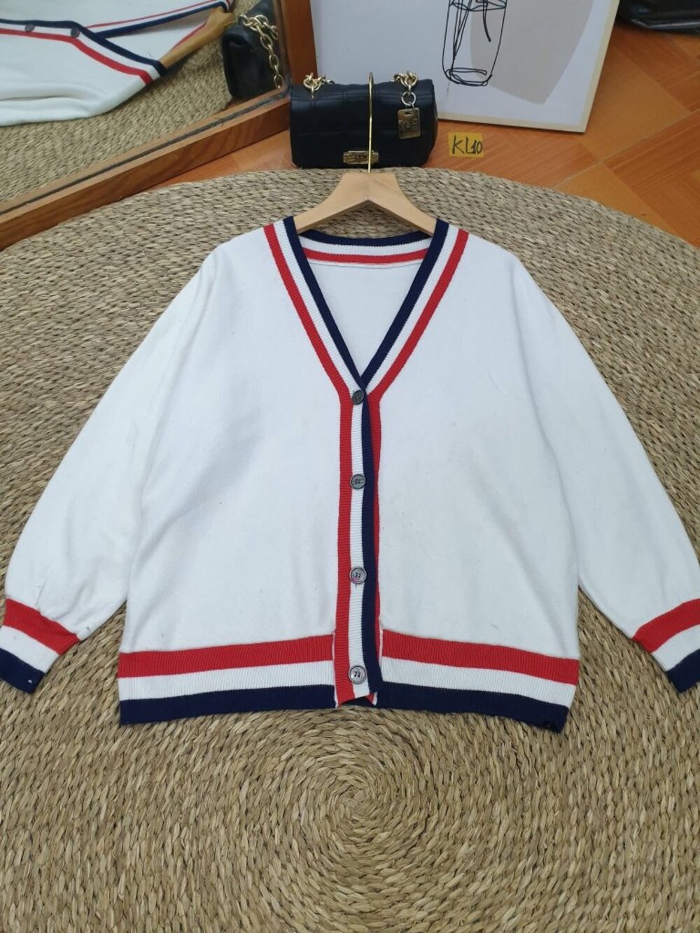 White Varsity Stripe Cardigan Red Navy Trim Collegiate Sweater